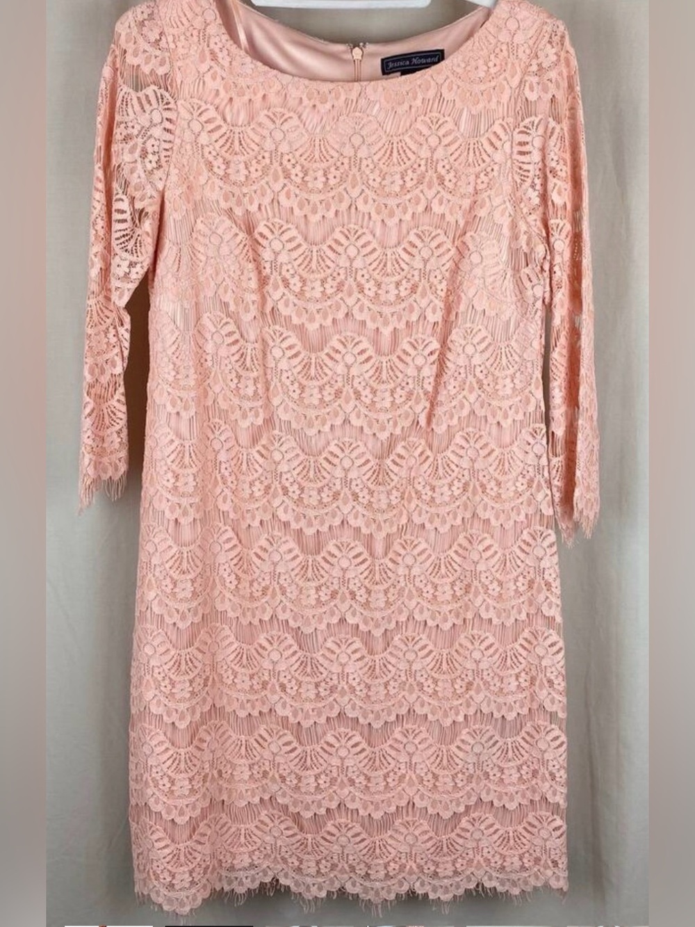🍑🍑🍑Jessica Howard Elegant Bright Pastel Peach Boat Neck Lace Dress sz10 - Picture 3 of 16